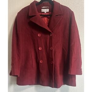 Larry Levine 100% Merino Wool Red Pea Coat Double Breasted Classy Prep Size 14P